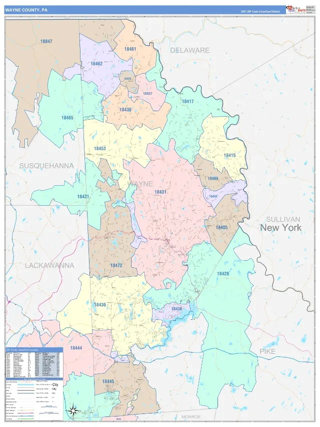 Wayne County, PA ZIP Code Wall Map, ColorCast style