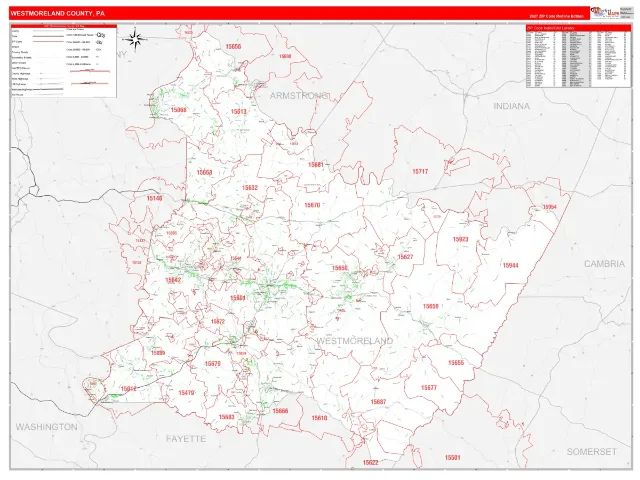 Westmoreland County, PA ZIP Code Wall Map, RedLine style