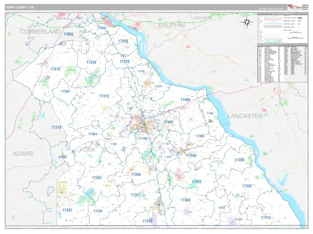 York County, PA ZIP Code Wall Map, Classic style