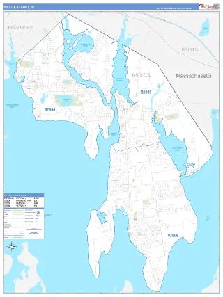 Bristol County, RI Business Reference style ZIP Code wall map