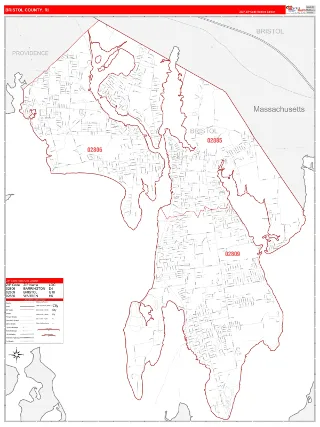 Bristol County, RI RedLine style ZIP Code wall map
