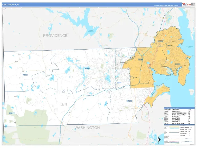 Kent County, RI ZIP Code Wall Map, Business Reference style
