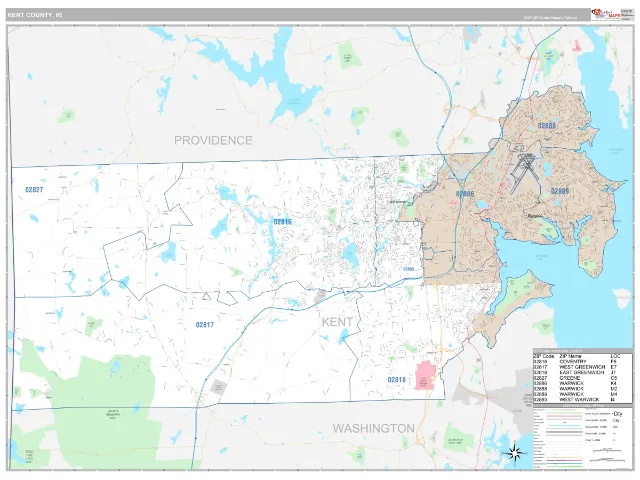 Kent County, RI ZIP Code Wall Map, Classic style