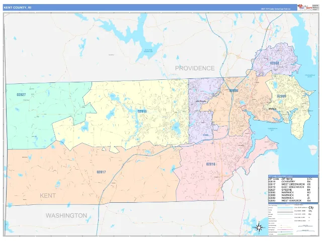 Kent County, RI ZIP Code Wall Map, ColorCast style