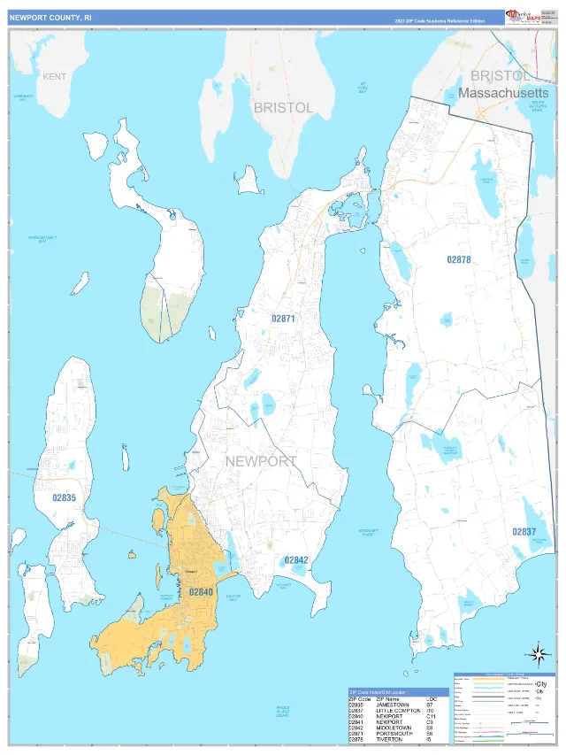 Newport County, RI ZIP Code Wall Map, Business Reference style