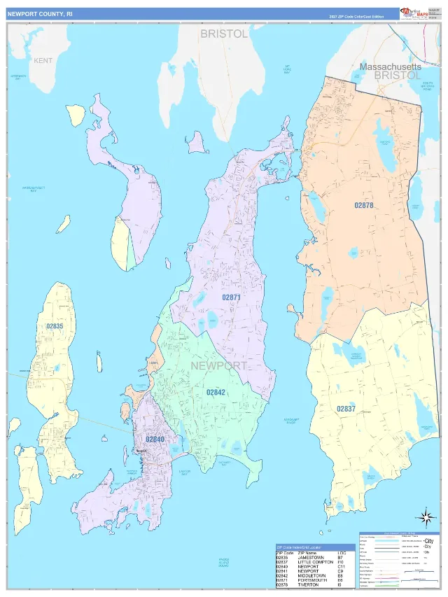 Newport County, RI ZIP Code Wall Map, ColorCast style