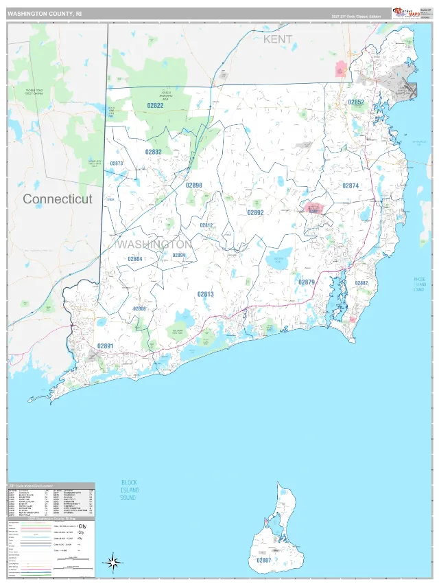 Washington County, RI ZIP Code Wall Map, Classic style