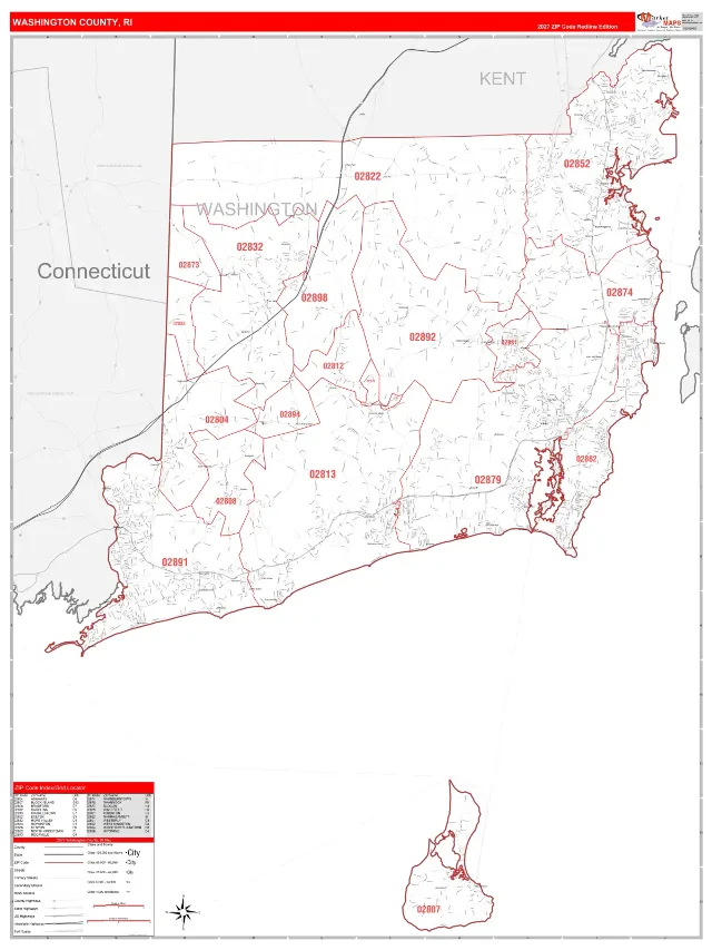 Washington County, RI ZIP Code Wall Map, RedLine style