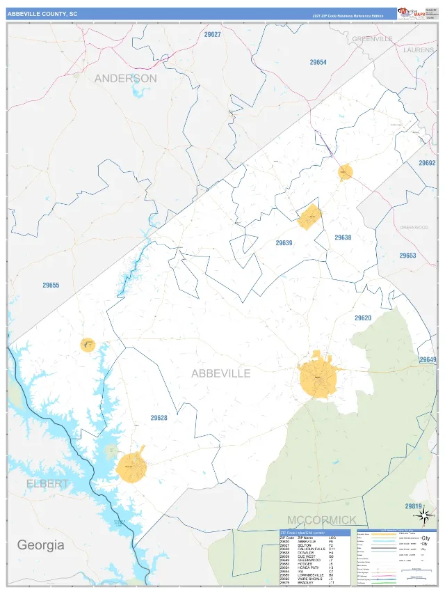 Abbeville County, SC ZIP Code Wall Map, Business Reference style