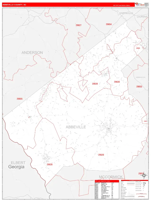 Abbeville County, SC ZIP Code Wall Map, RedLine style
