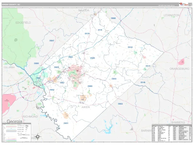 Aiken County, SC ZIP Code Wall Map, Classic style