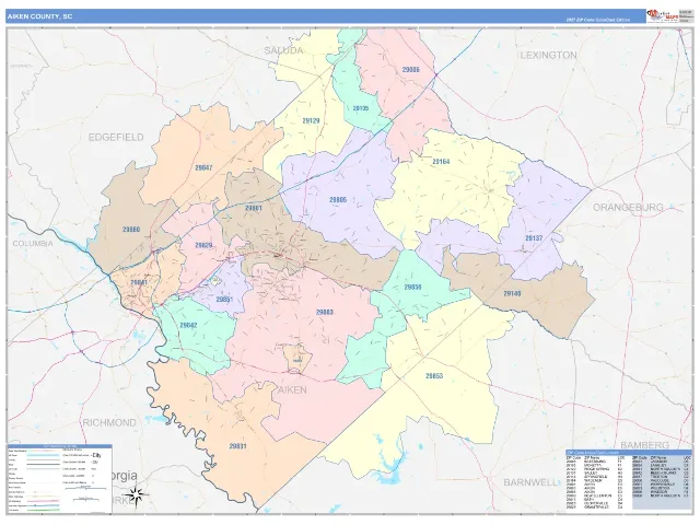 Aiken County, SC ZIP Code Wall Map, ColorCast style