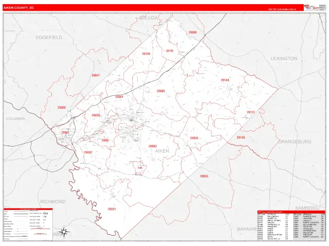 Aiken County, SC ZIP Code Wall Map, RedLine style