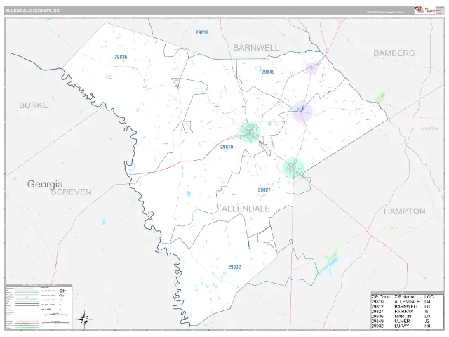 Allendale County, SC ZIP Code Wall Map, Classic style