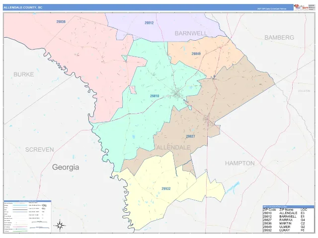 Allendale County, SC ZIP Code Wall Map, ColorCast style