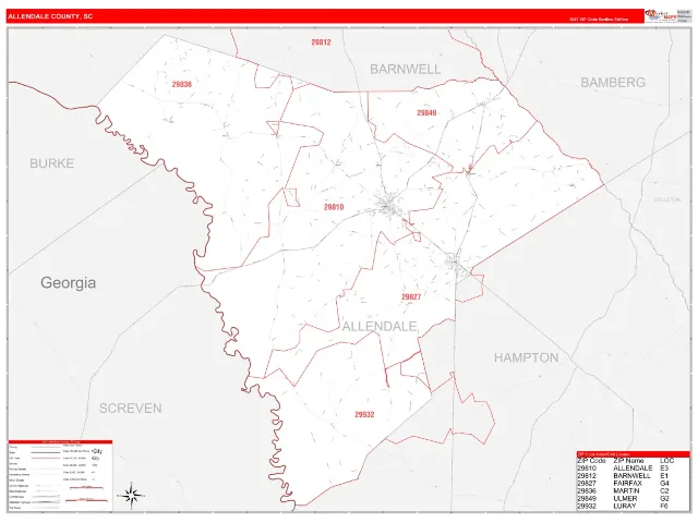 Allendale County, SC ZIP Code Wall Map, RedLine style