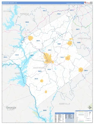Anderson County, SC Business Reference style ZIP Code wall map