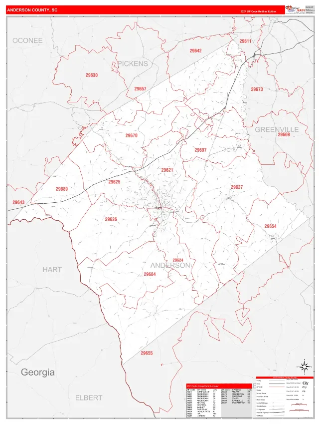 Anderson County, SC ZIP Code Wall Map, RedLine style