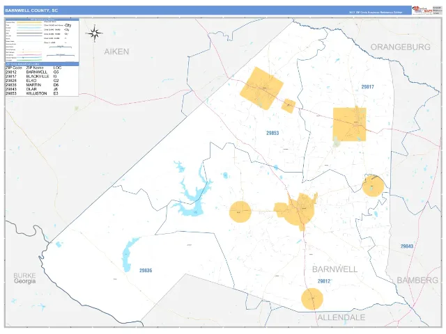Barnwell County, SC ZIP Code Wall Map, Business Reference style