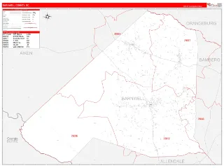Barnwell County, SC RedLine style ZIP Code wall map