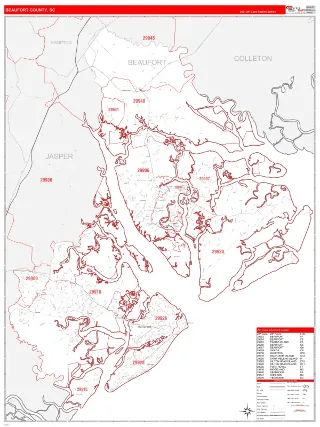 Beaufort County, SC RedLine style ZIP Code wall map