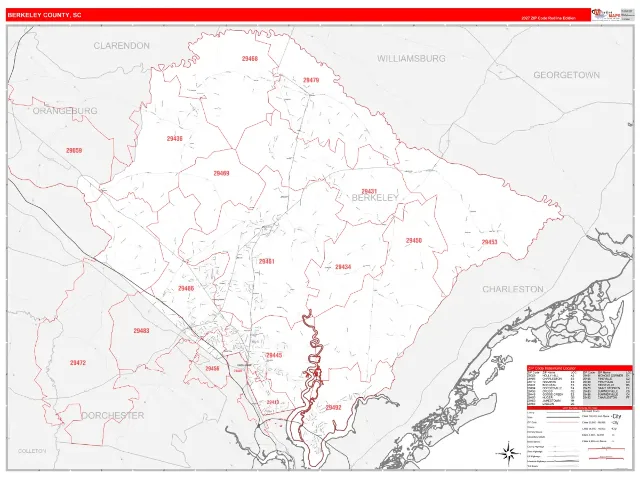 Berkeley County, SC ZIP Code Wall Map, RedLine style