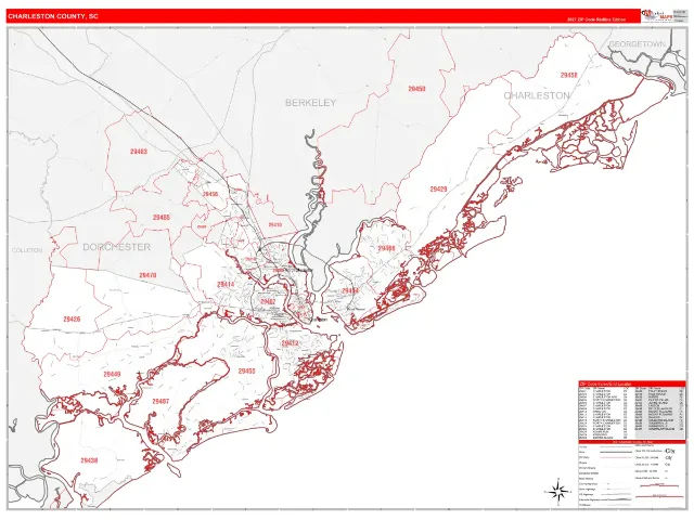 Charleston County, SC ZIP Code Wall Map, RedLine style