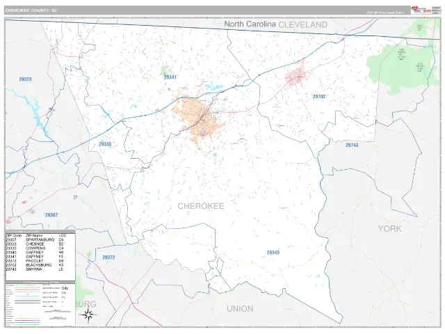 Cherokee County, SC ZIP Code Wall Map, Classic style