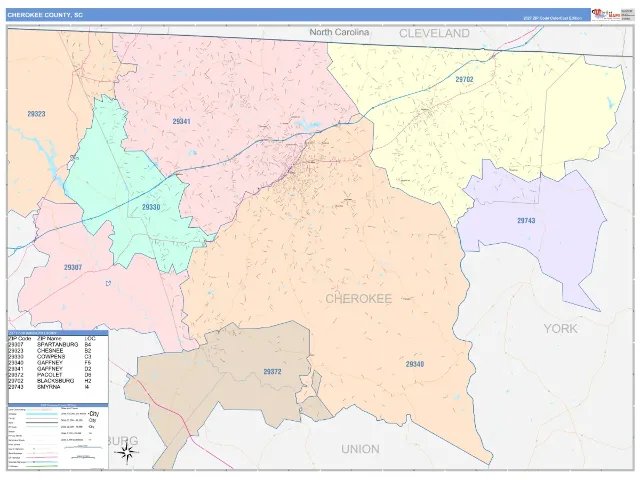 Cherokee County, SC ZIP Code Wall Map, ColorCast style
