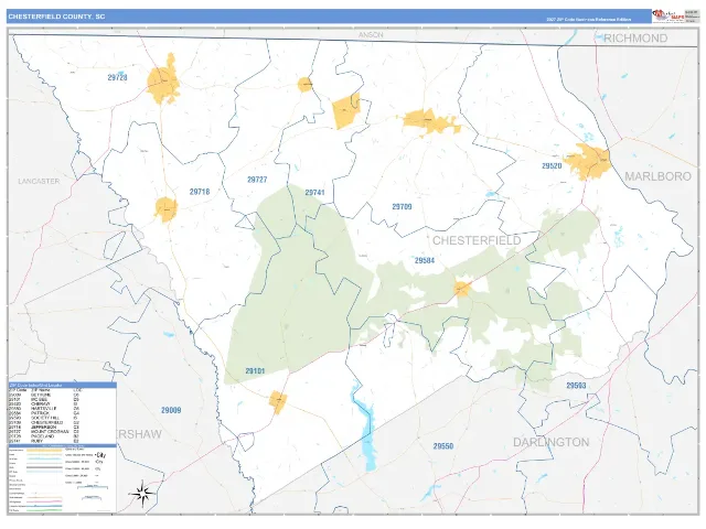 Chesterfield County, SC ZIP Code Wall Map, Business Reference style