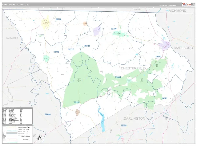 Chesterfield County, SC ZIP Code Wall Map, Classic style