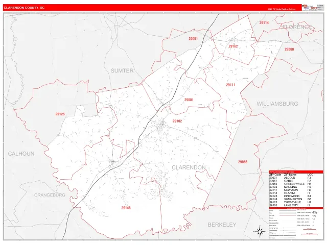 Clarendon County, SC ZIP Code Wall Map, RedLine style