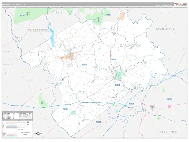 Darlington County, SC ZIP Code Wall Map, Classic style
