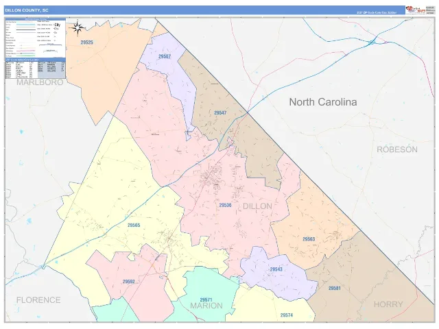 Dillon County, SC ZIP Code Wall Map, ColorCast style