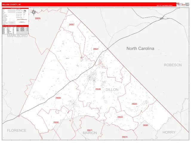 Dillon County, SC ZIP Code Wall Map, RedLine style