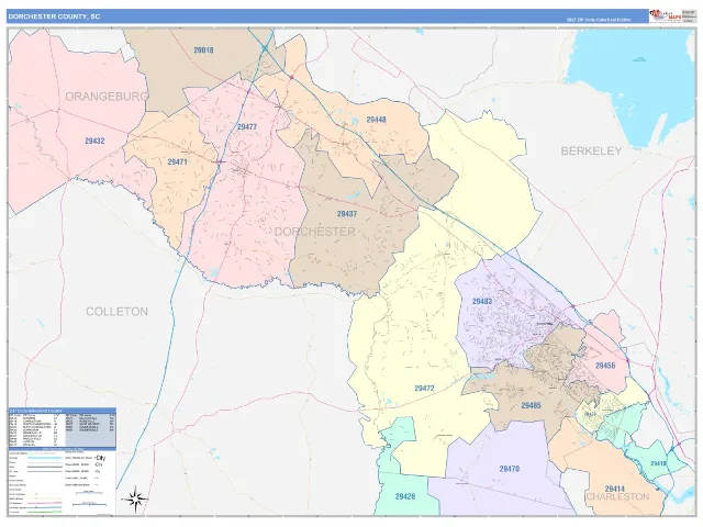 Dorchester County, SC ZIP Code Wall Map, ColorCast style