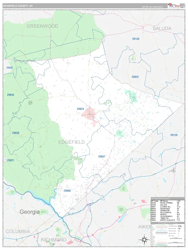 Edgefield County, SC ZIP Code Wall Map, Classic style