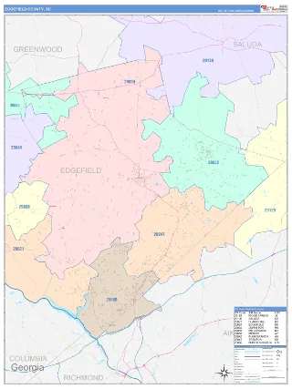 Edgefield County, SC ColorCast style ZIP Code wall map