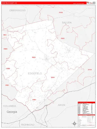 Edgefield County, SC RedLine style ZIP Code wall map