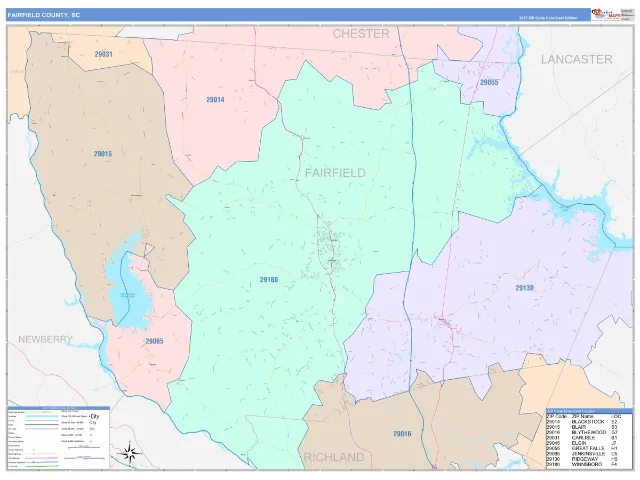Fairfield County, SC ZIP Code Wall Map, ColorCast style