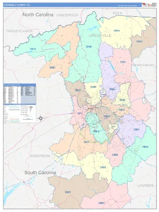 Greenville County, SC ColorCast style ZIP Code wall map
