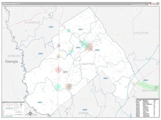 Hampton County, SC ZIP Code Wall Map, Classic style