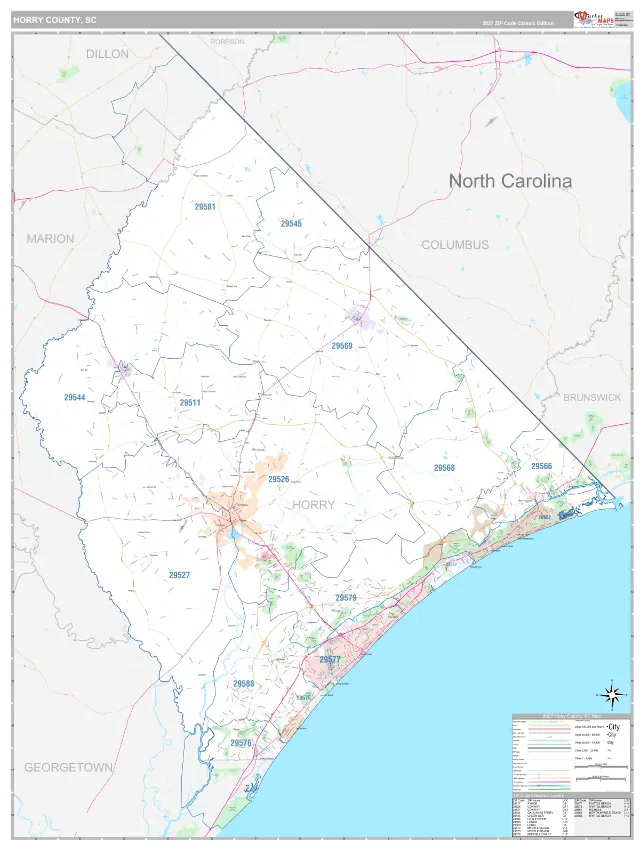 Horry County, SC ZIP Code Wall Map, Classic style