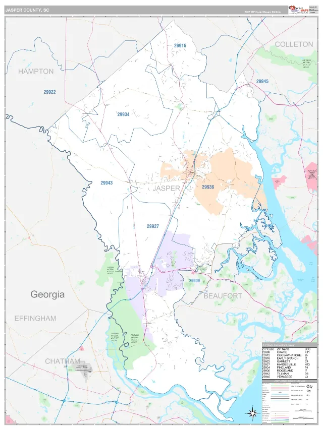 Jasper County, SC ZIP Code Wall Map, Classic style