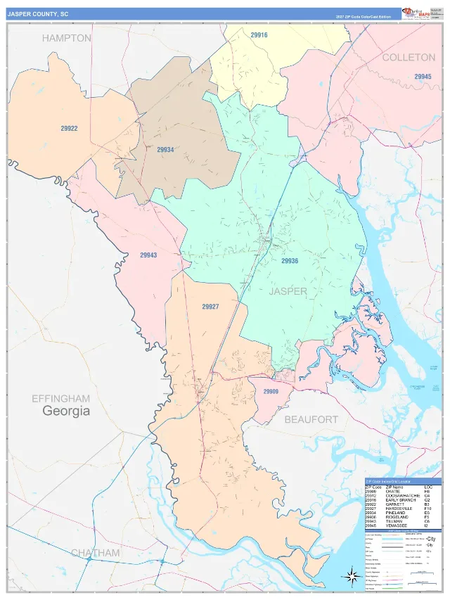 Jasper County, SC ZIP Code Wall Map, ColorCast style