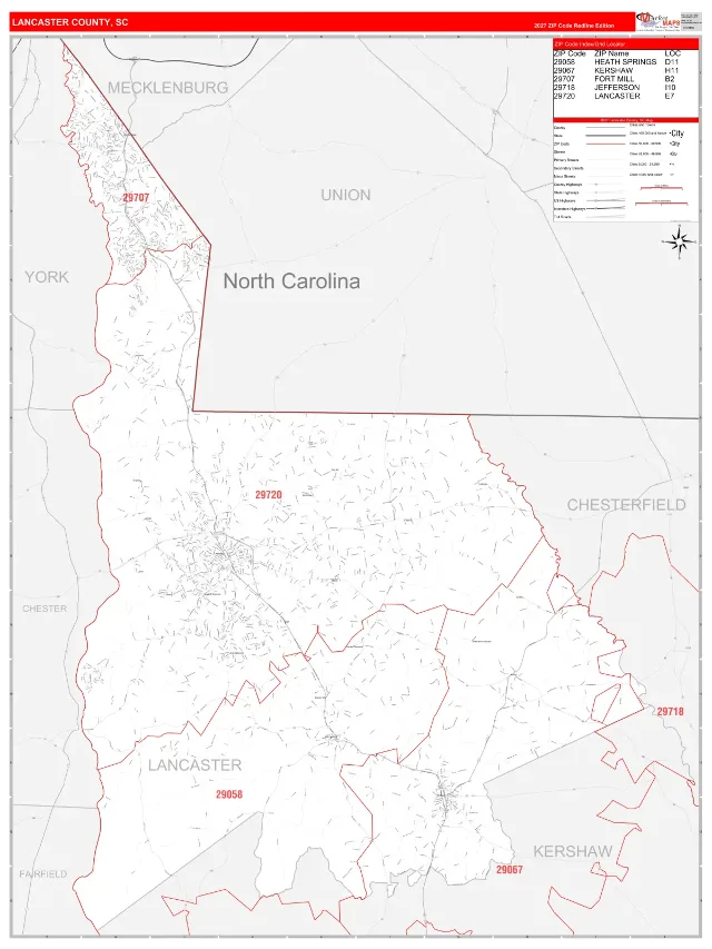 Lancaster County, SC ZIP Code Wall Map, RedLine style