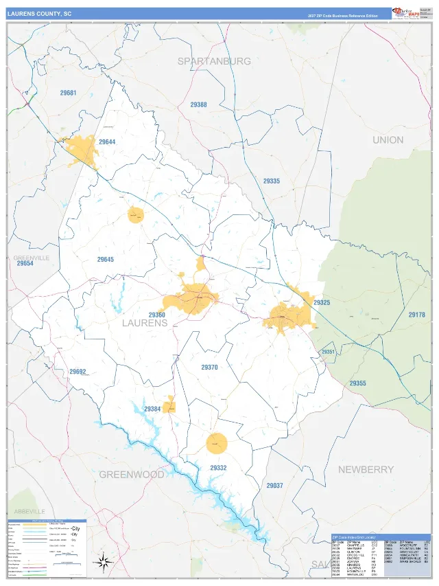 Laurens County, SC ZIP Code Wall Map, Business Reference style