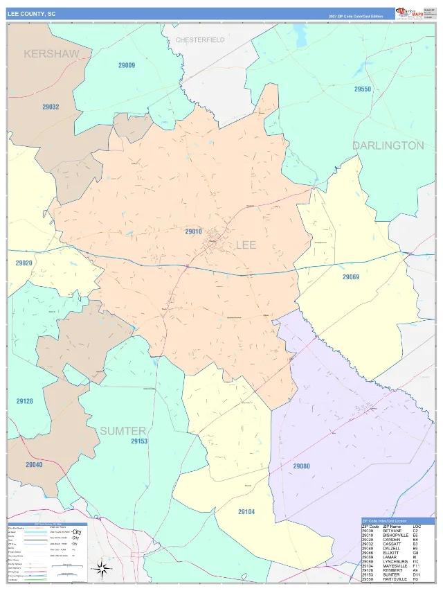 Lee County, SC ZIP Code Wall Map, ColorCast style