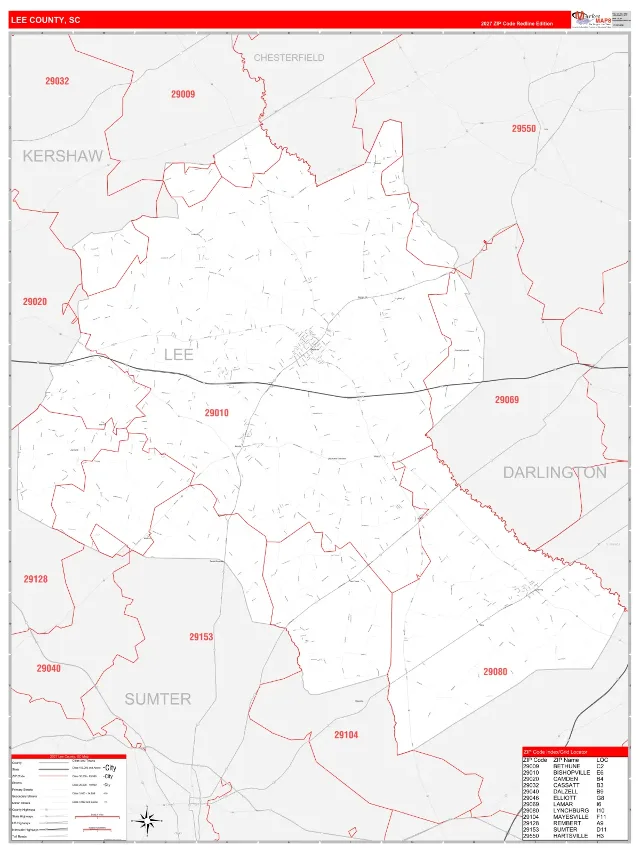Lee County, SC ZIP Code Wall Map, RedLine style