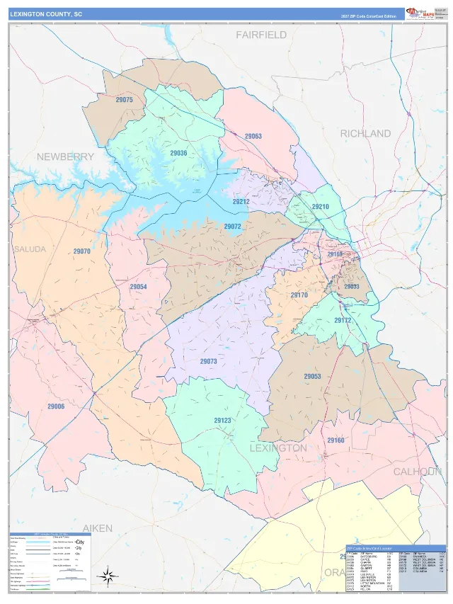 Lexington County, SC ZIP Code Wall Map, ColorCast style